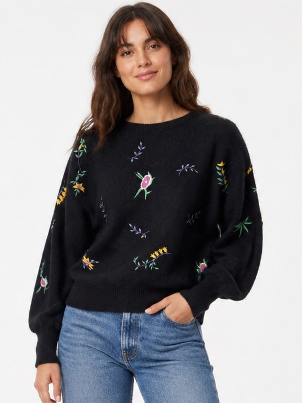Vintage Jennifer Lane Angora Lambswool Floral Embroidered Sweater Small S/P